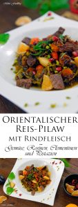 Orientalischer Reis Pilaw mit Rindfleisch Aromatisches Reisgericht mit Gemüse Rosinen Clementinen und Pistazien 9