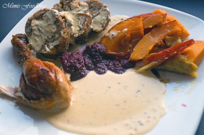 Glasierter Coq au Vin blance mit Kürbis