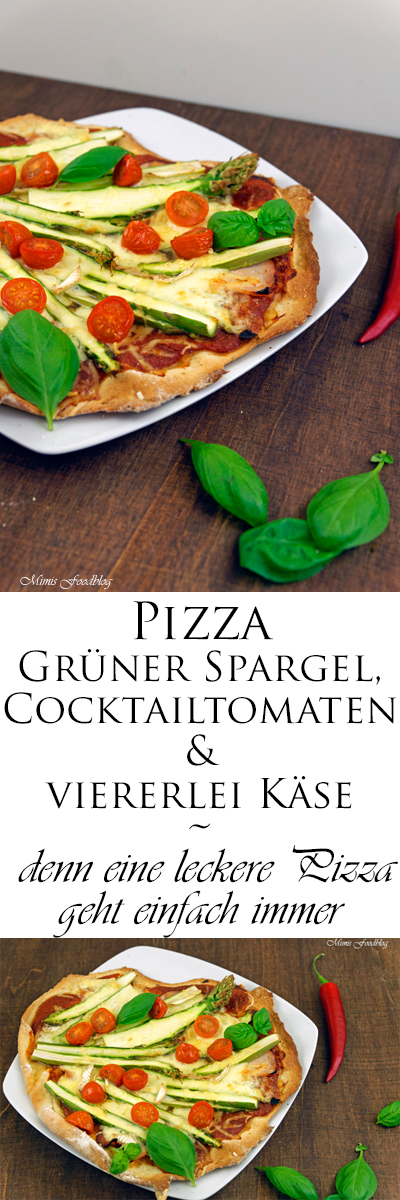 Pizza mit Grünem Spargel, Cocktailtomaten und viererlei Käse ~ denn ...